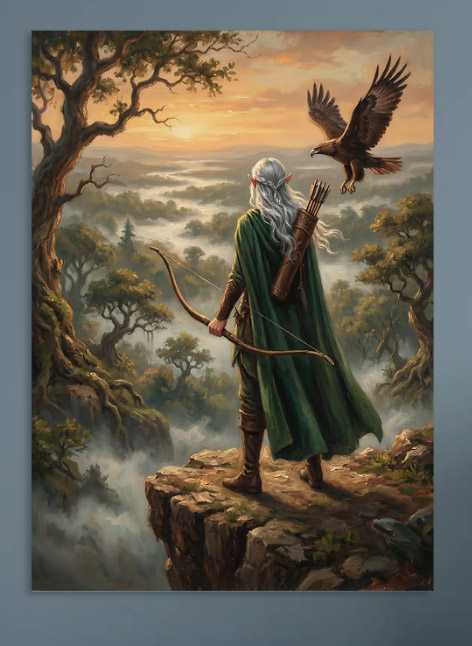 Elf Archer and Eagle in Mist